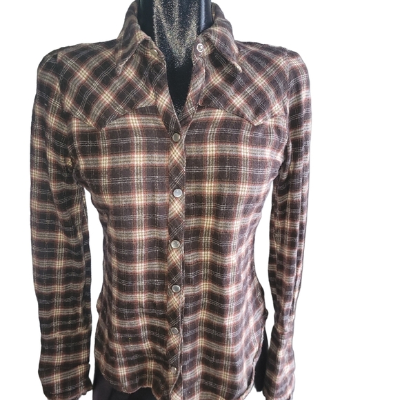 Bluenotes Brown and Tan Plaid Flannel Western Style Snap Button Shirt M - Picture 1 of 7
